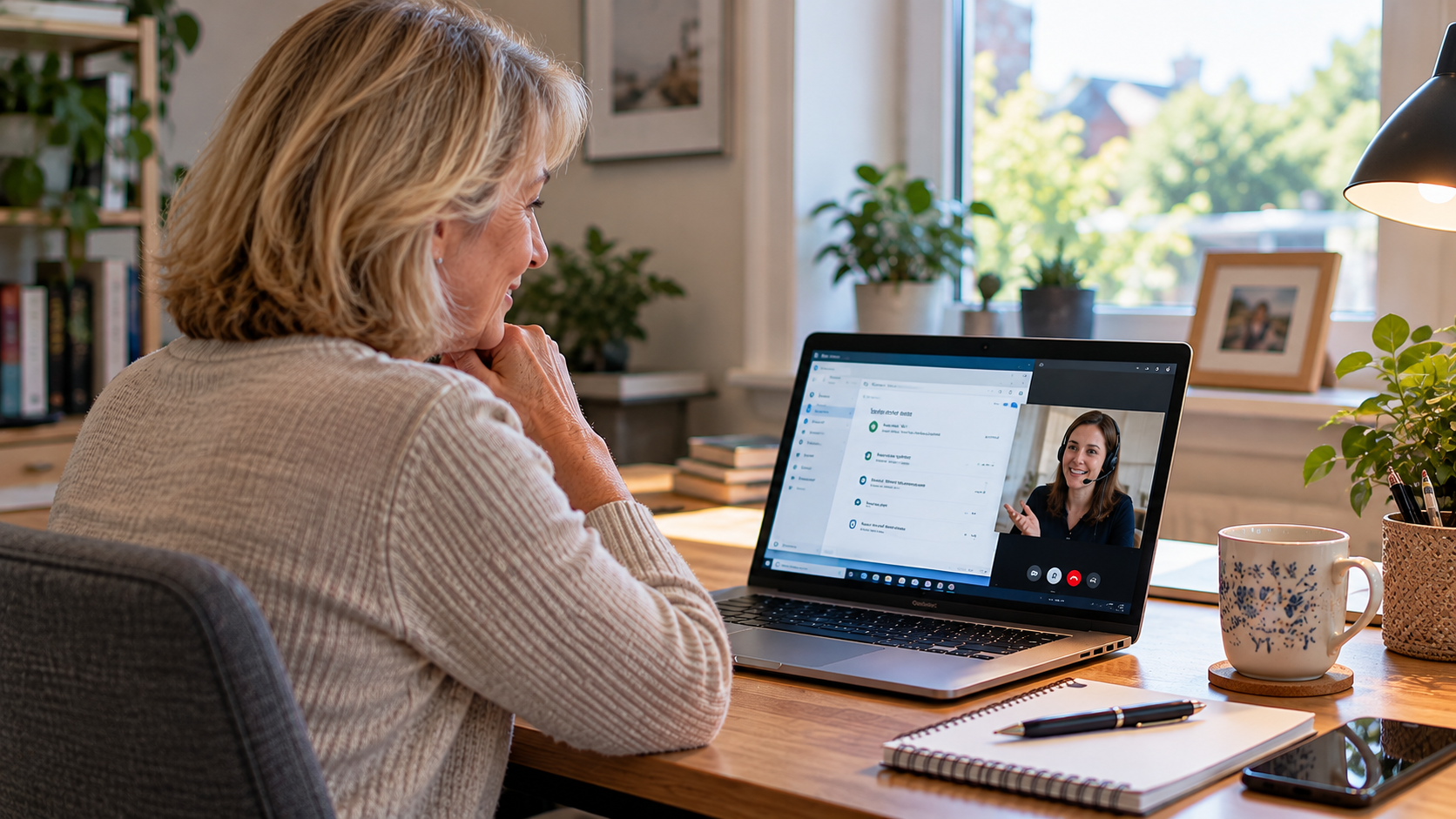 Home user receiving friendly remote IT support on a laptop video call