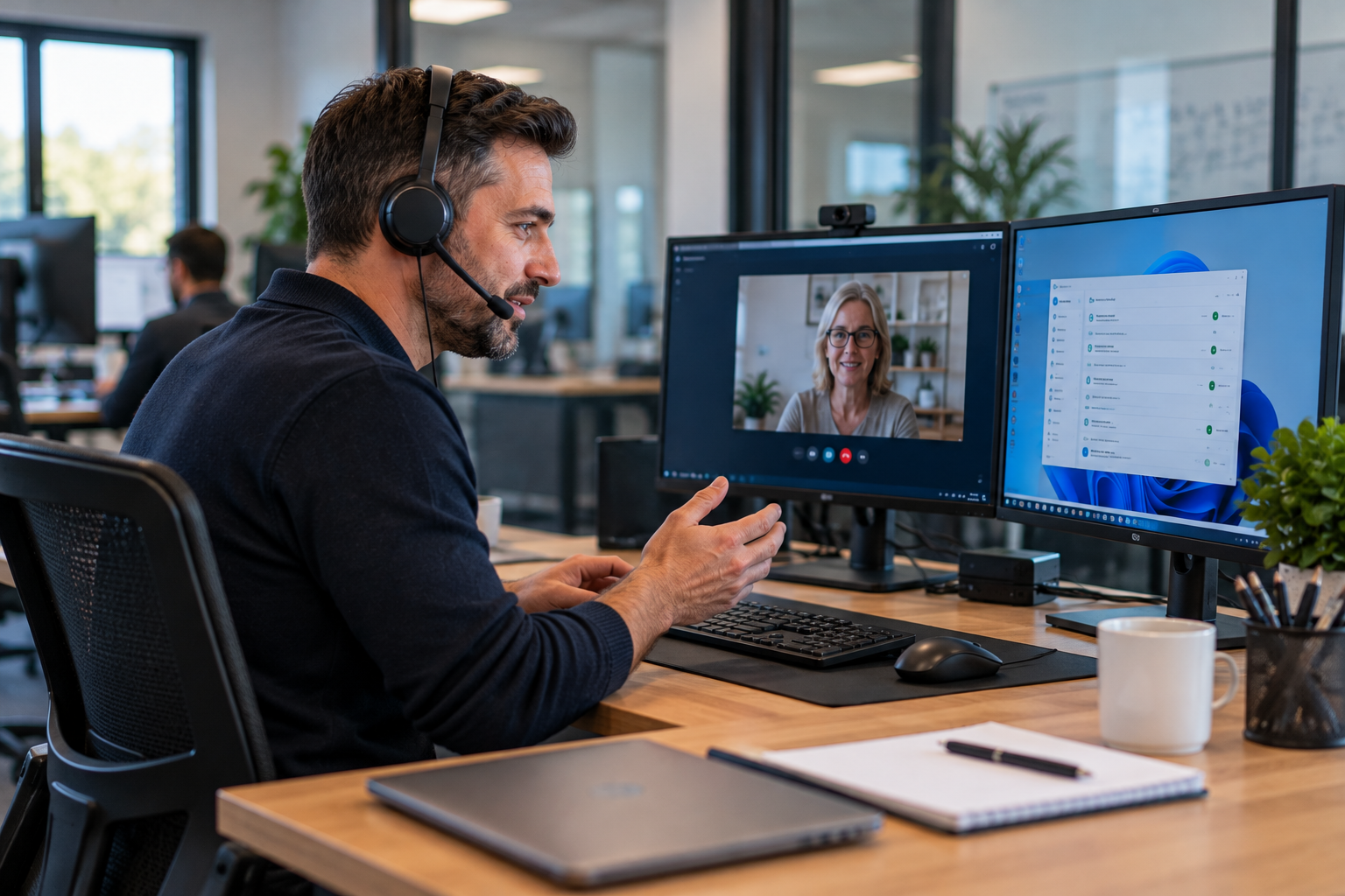 IT support specialist helping a customer through a remote video call